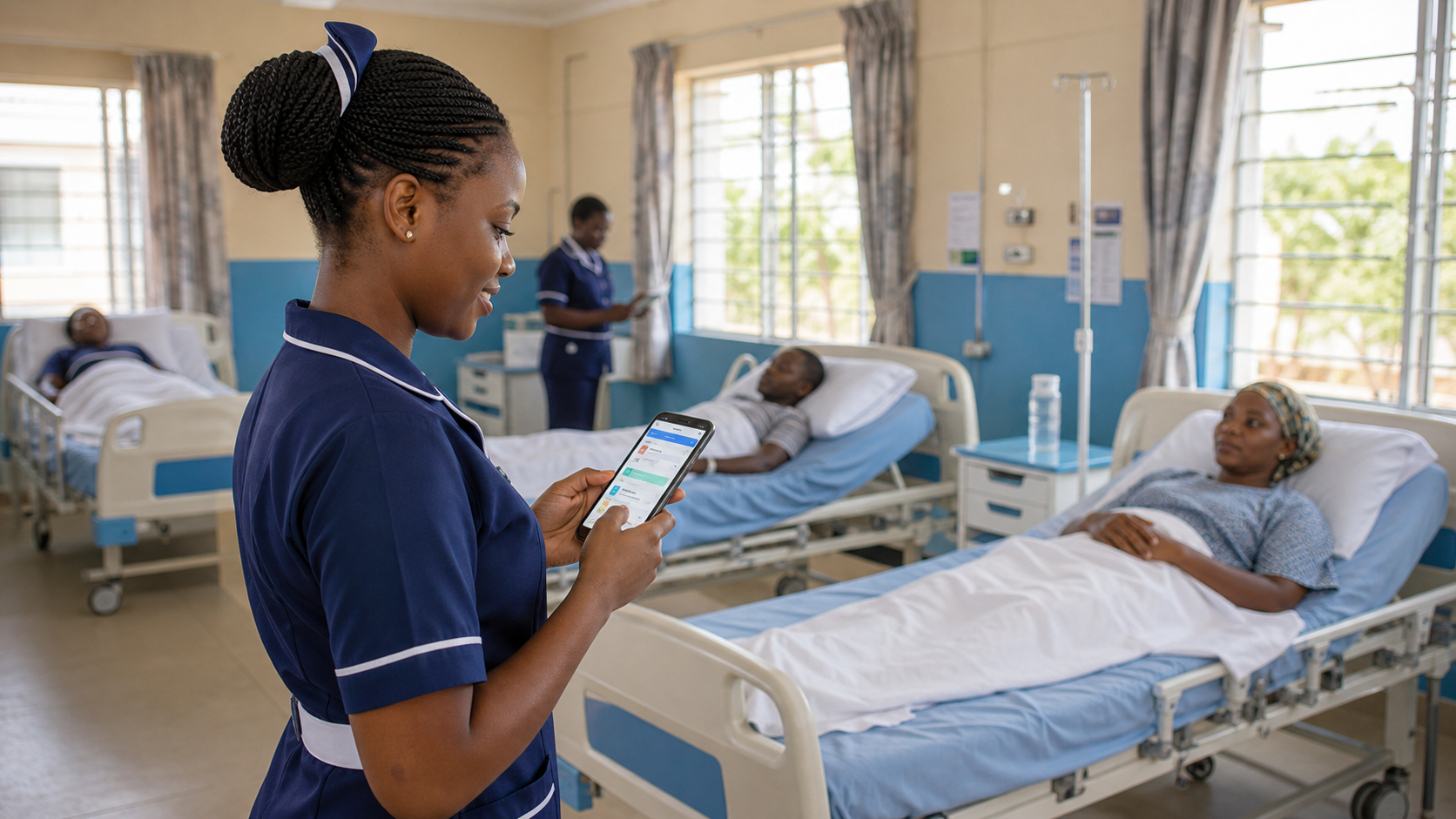 Nurse using HMIS on a mobile phone in a ward